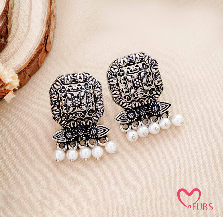 Aesthetic Oxidized Silver Stud Earrings with Pearl Drops