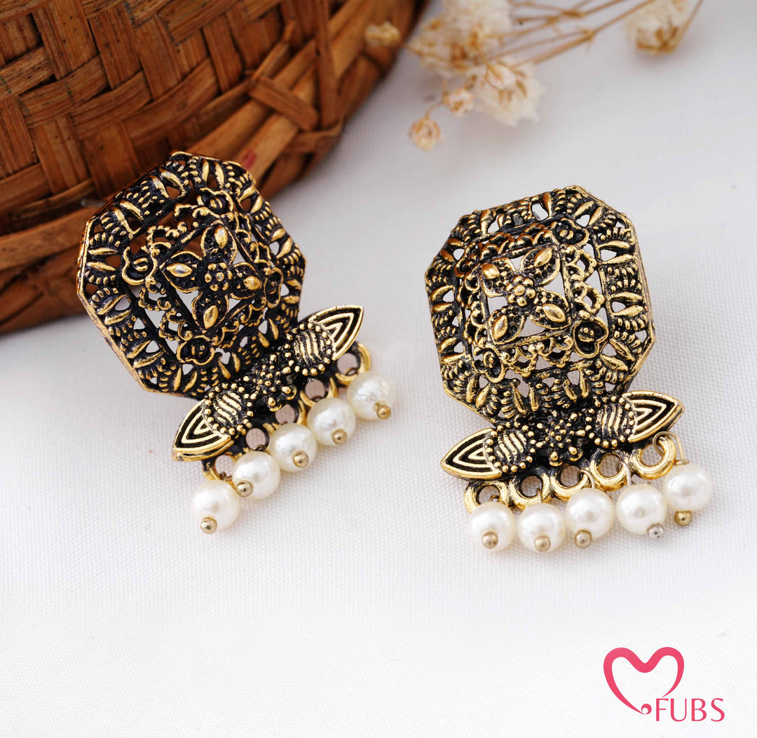 Aesthetic Oxidized Golden Stud Earrings with Pearl Drops