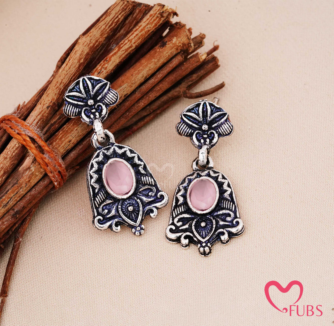 Traditional Oxidized Pink Quartz Bell Earrings