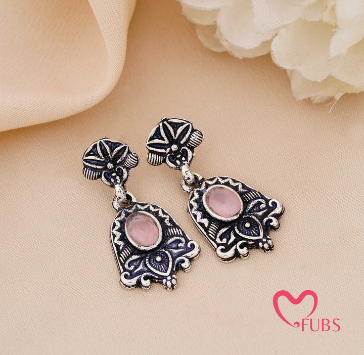 Traditional Oxidized Pink Quartz Bell Earrings