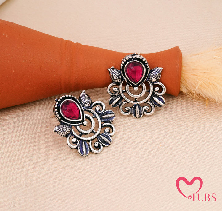 Aesthetic Oxidized German Stud Earrings with Magenta Stone
