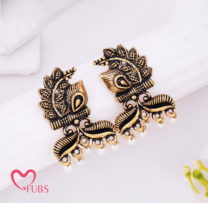 Antique Oxidized Peacock Stud Earrings with Pearls (Golden)