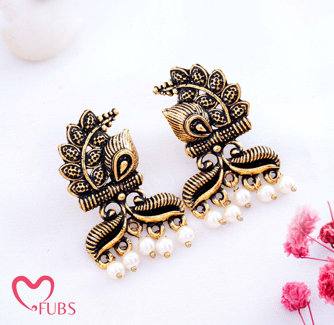 Antique Oxidized Peacock Stud Earrings with Pearls (Golden)