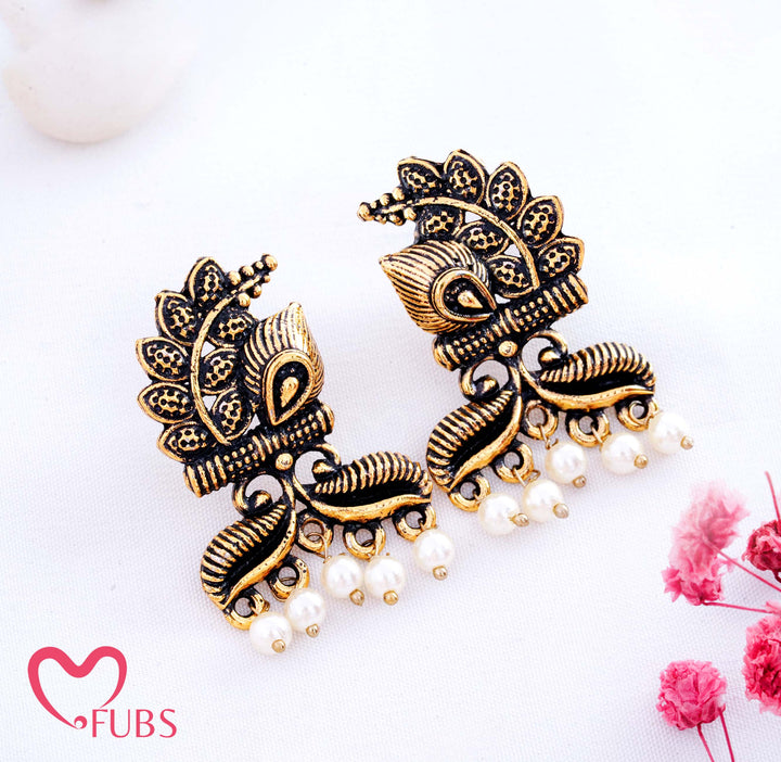 Antique Oxidized Peacock Stud Earrings with Pearls (Golden)
