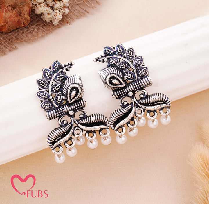 Antique Oxidized Peacock Stud Earrings with Pearls (Silver)