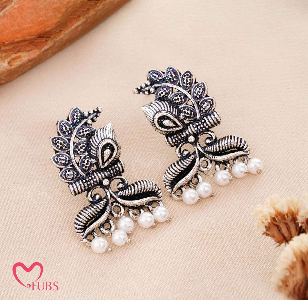 Antique Oxidized Peacock Stud Earrings with Pearls (Silver)