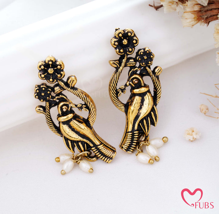 Traditional Bird on a Branch Stud Earrings with Moti Drops (Golden)