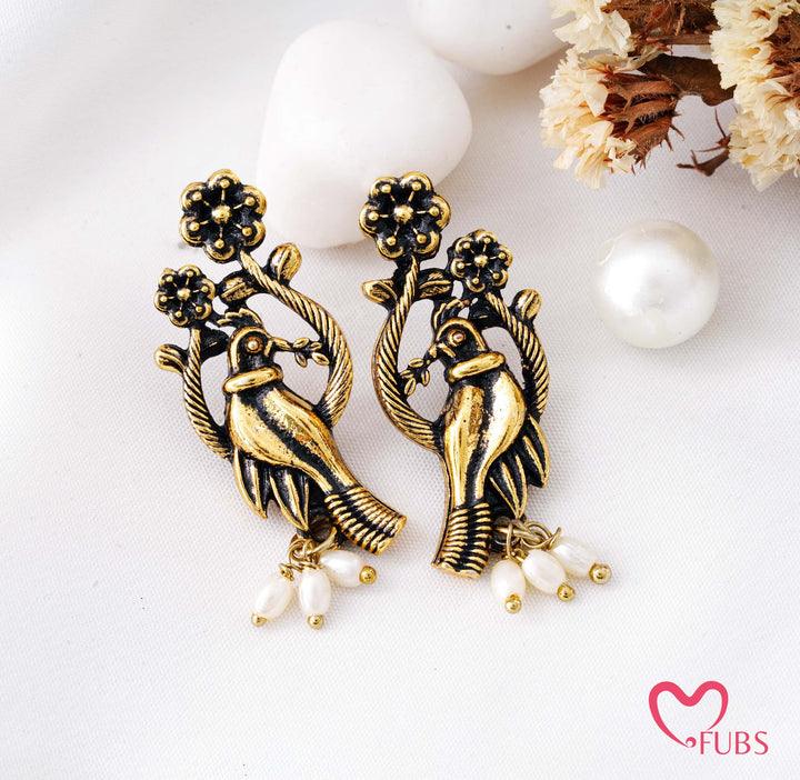 Traditional Bird on a Branch Stud Earrings with Moti Drops (Golden)