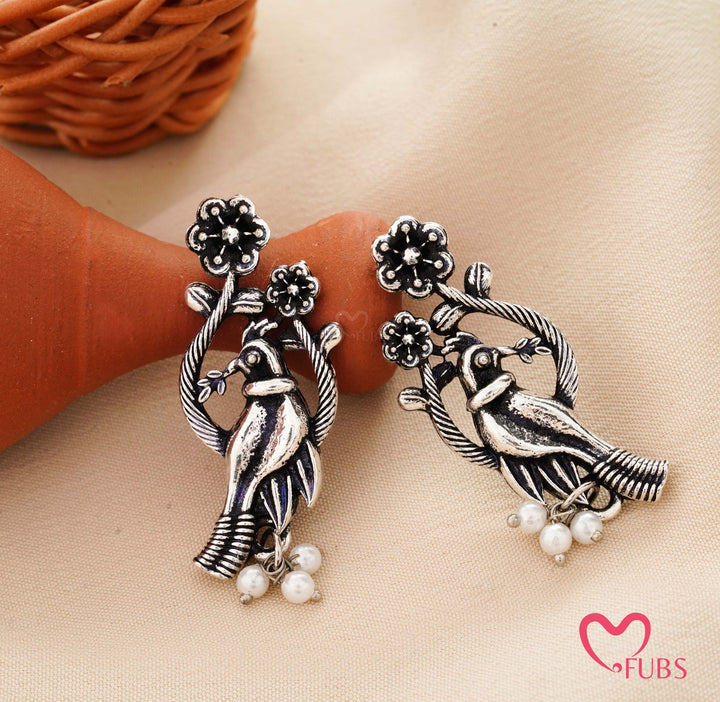 Traditional Bird on a Branch Stud Earrings with Moti Drops
