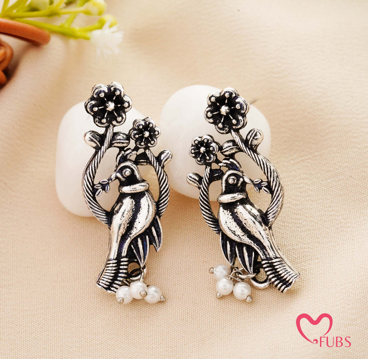 Traditional Bird on a Branch Stud Earrings with Moti Drops