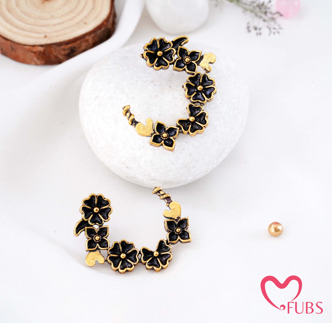 Traditional Antique Gold Flower Half-Hoop Earrings