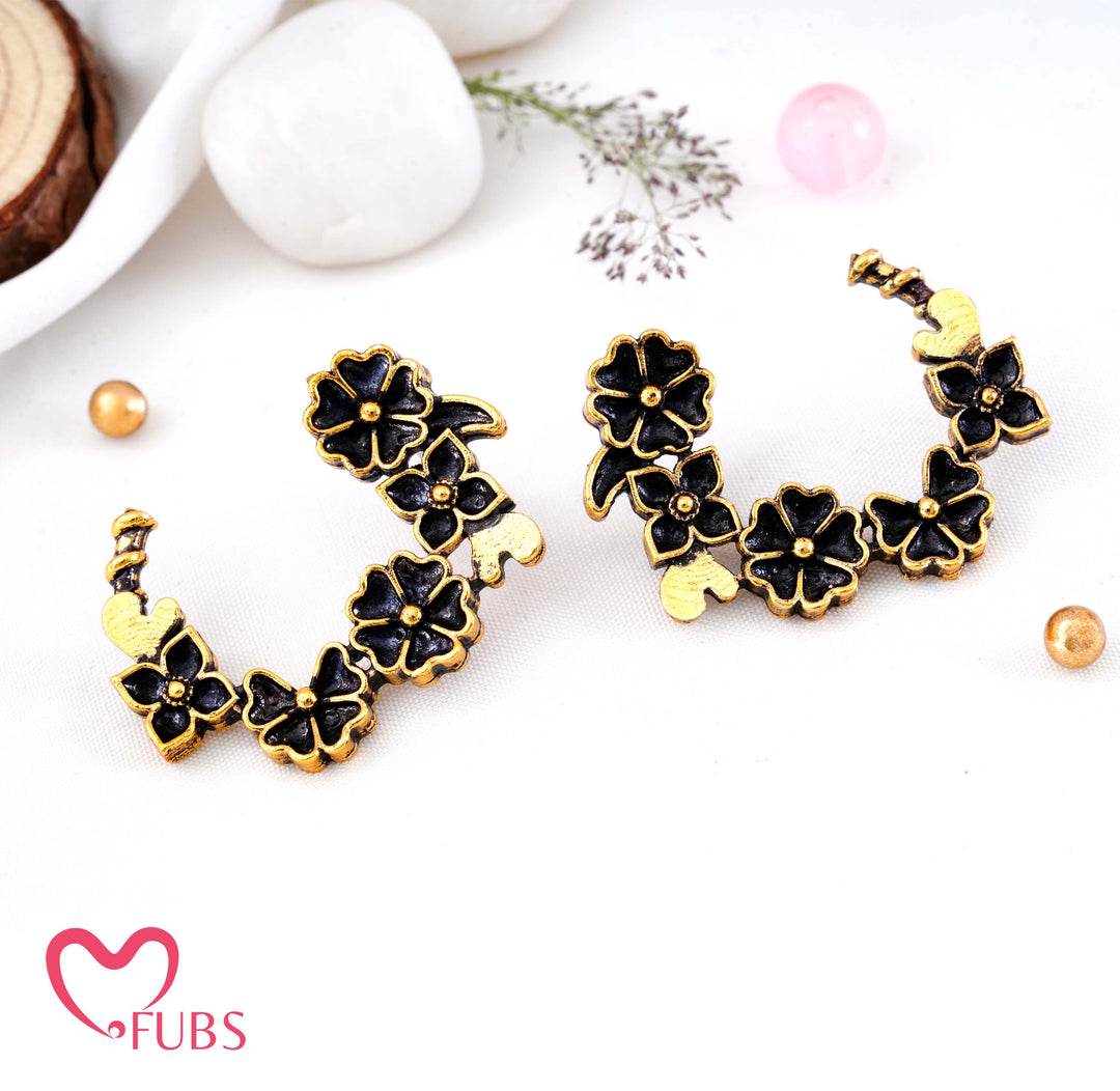 Traditional Antique Gold Flower Half-Hoop Earrings