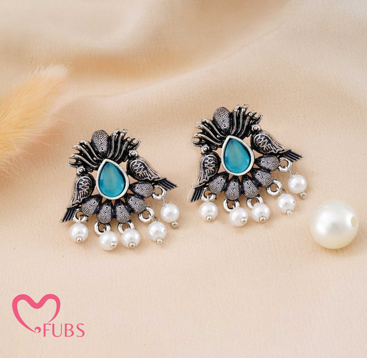 Traditional Oxidized Peacock Drop Earrings with Pearls