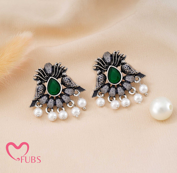 Traditional Oxidized Peacock Drop Earrings with Pearls