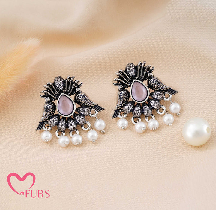 Traditional Oxidized Peacock Drop Earrings with Pearls