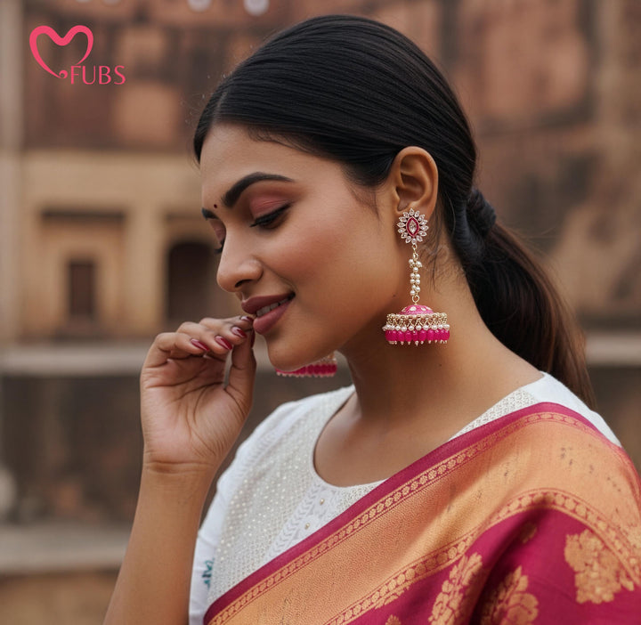 Pink Meenakari Jhumka Earrings with Pearls
