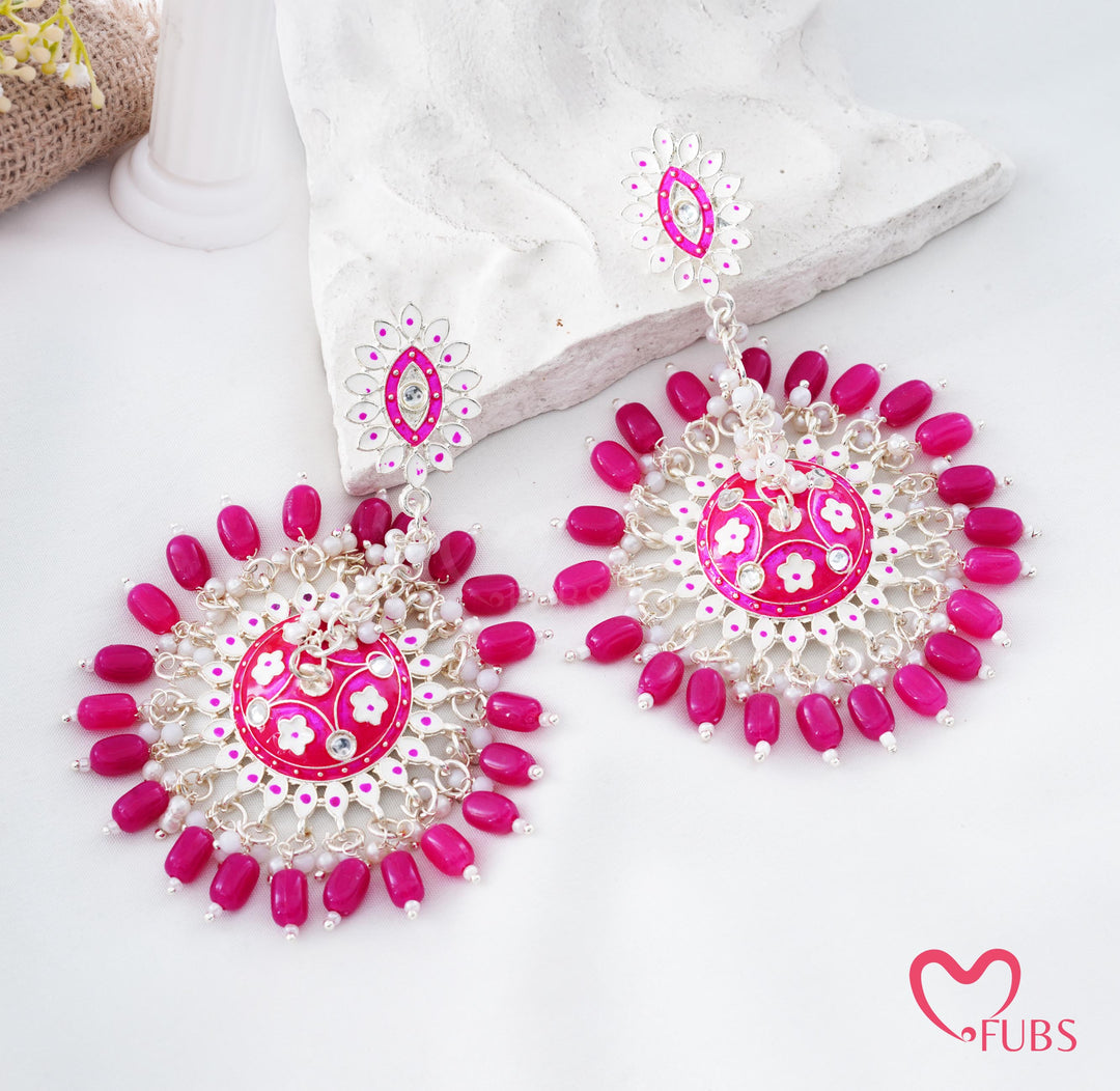 Pink Meenakari Jhumka Earrings with Pearls