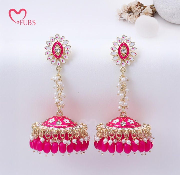 Pink Meenakari Jhumka Earrings with Pearls