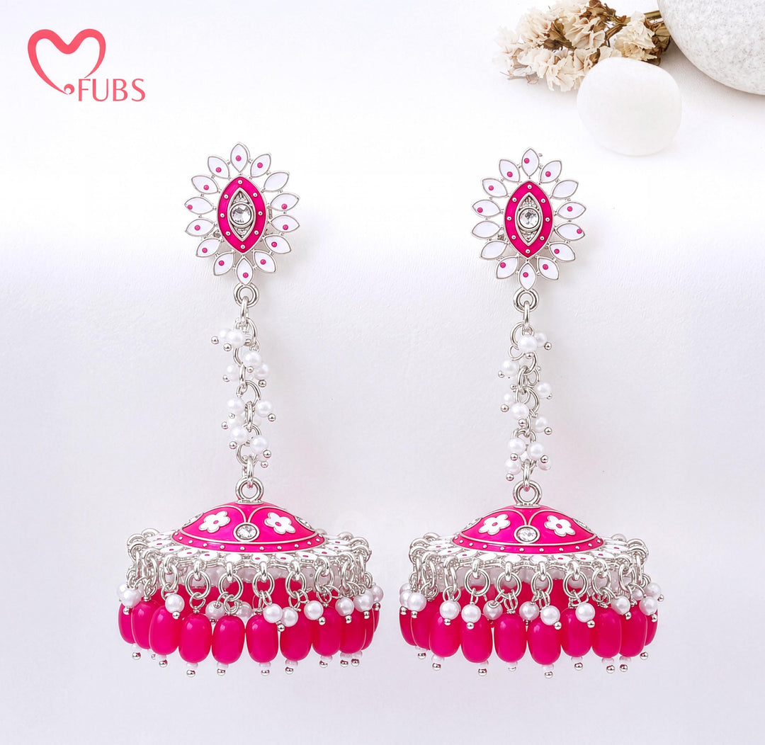 Pink Meenakari Jhumka Earrings with Pearls