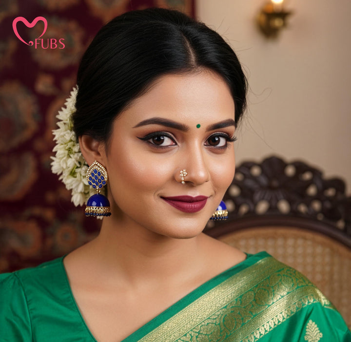 Neel-Kamal Sapphire Enamel Jhumkas with Intricate Crystal Border