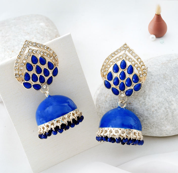 Neel-Kamal Sapphire Enamel Jhumkas with Intricate Crystal Border
