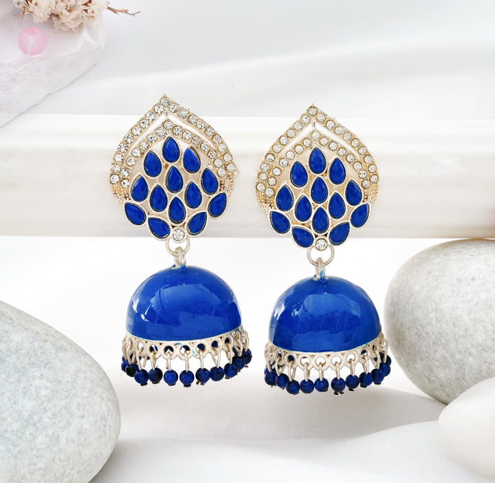 Neel-Kamal Sapphire Enamel Jhumkas with Intricate Crystal Border