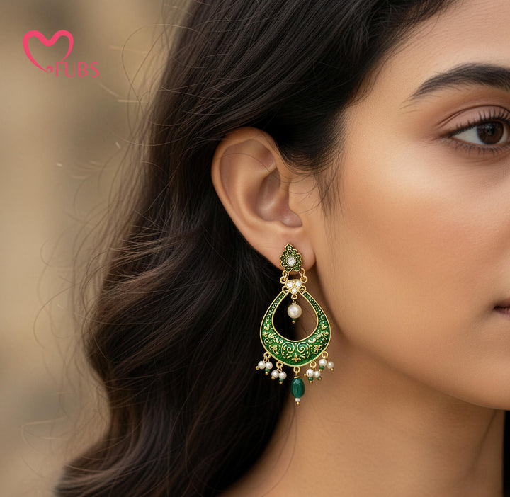Green Meenakari Chandbali Earrings