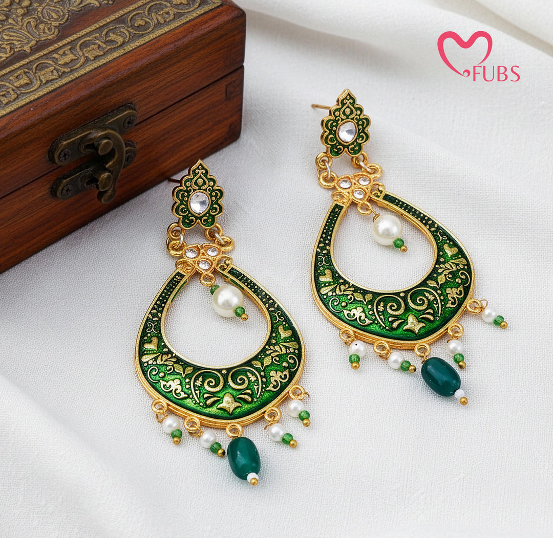 Green Meenakari Chandbali Earrings
