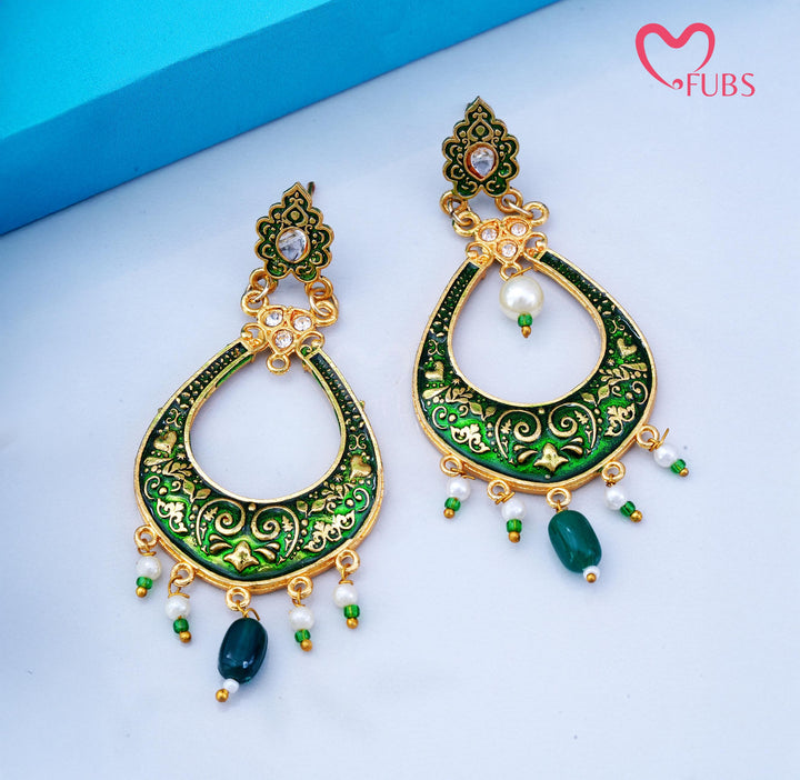 Green Meenakari Chandbali Earrings