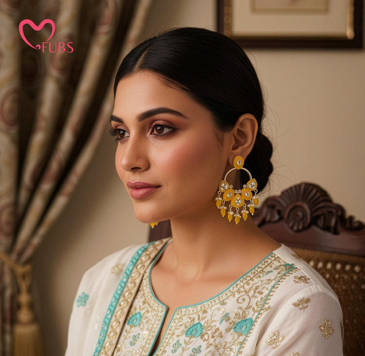 Yellow Sun Motif Chandbali Earrings