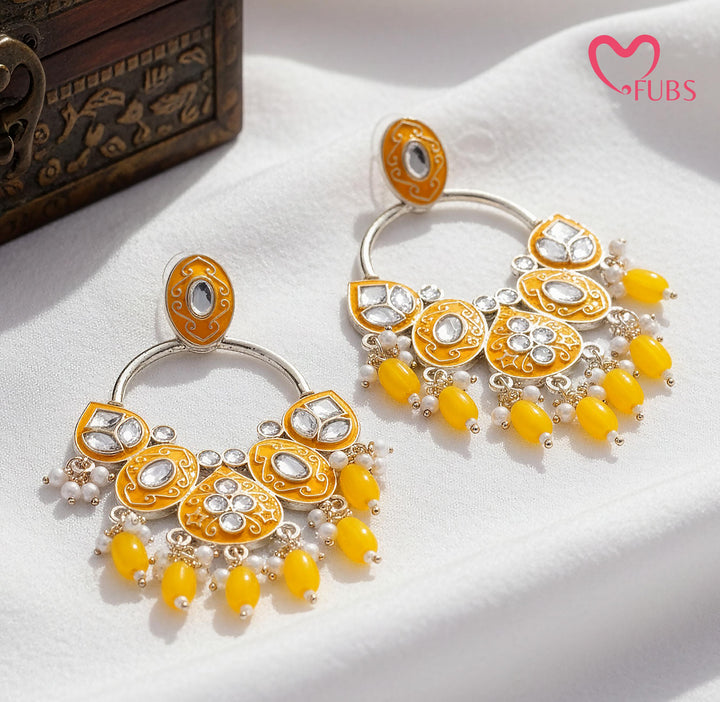 Yellow Sun Motif Chandbali Earrings