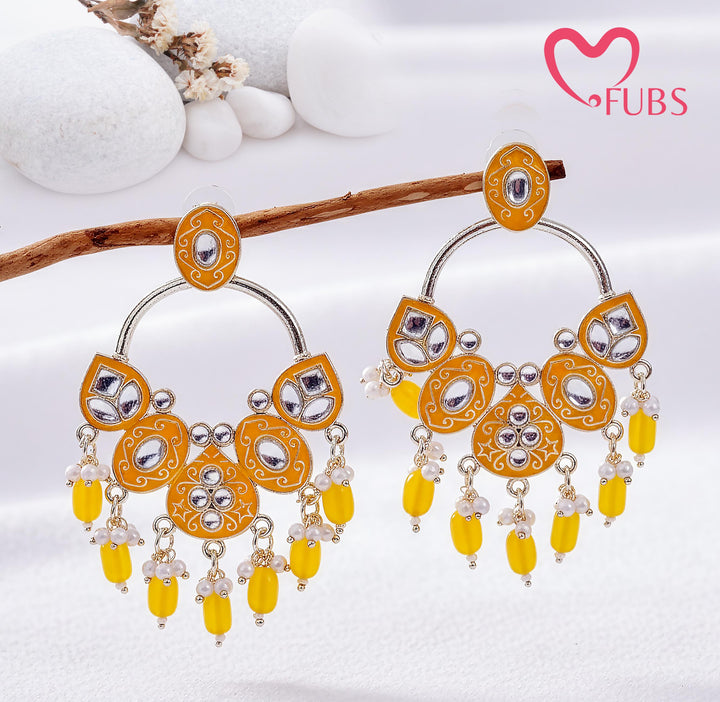 Yellow Sun Motif Chandbali Earrings