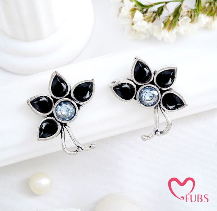 Oxidized Floral Stud Earrings - Traditional Aesthetic Studs