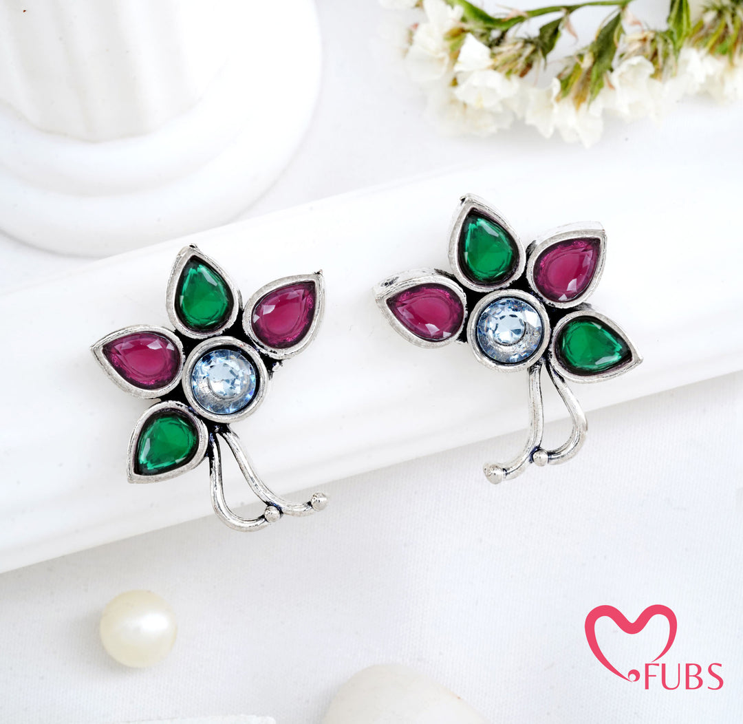 Oxidized Floral Stud Earrings - Traditional Aesthetic Studs