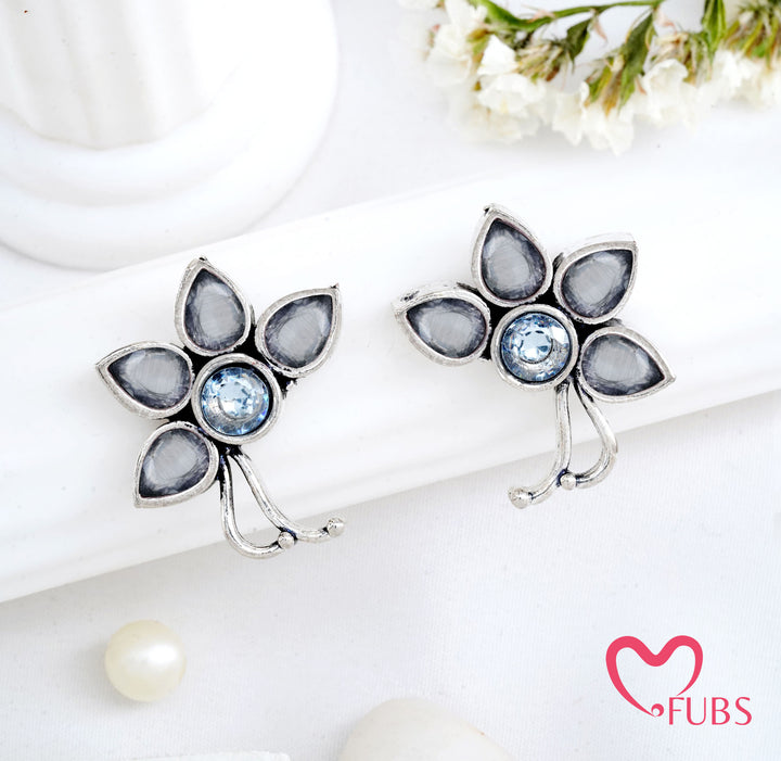 Oxidized Floral Stud Earrings - Traditional Aesthetic Studs