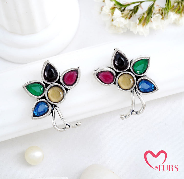 Oxidized Floral Stud Earrings - Traditional Aesthetic Studs