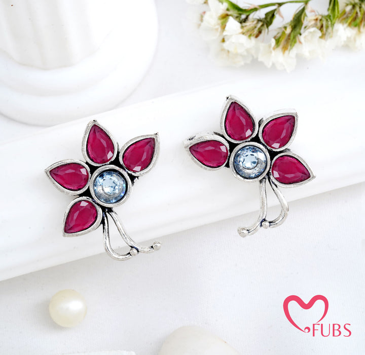 Oxidized Floral Stud Earrings - Traditional Aesthetic Studs
