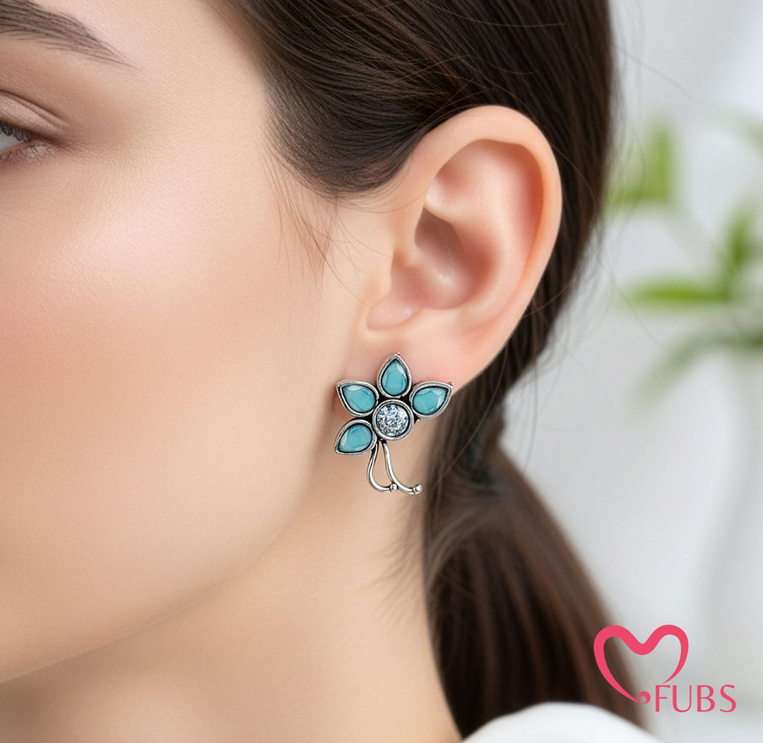 Oxidized Floral Stud Earrings - Traditional Aesthetic Studs