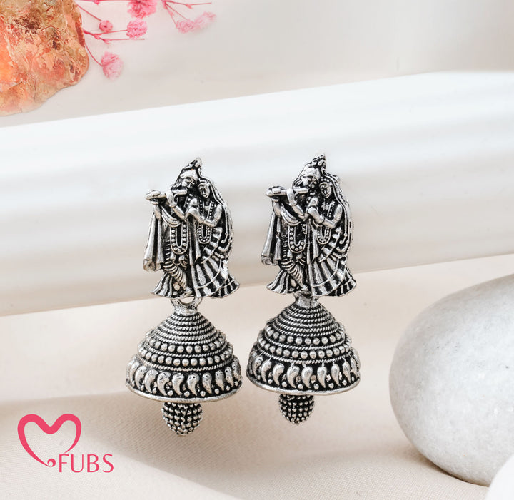 Handcrafted Radha-Krishna Motif Oxidized Jhumkas