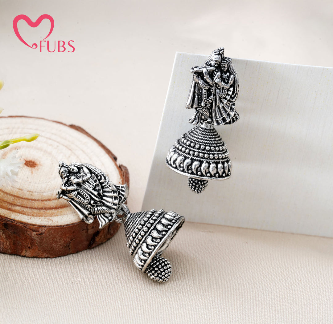 Handcrafted Radha-Krishna Motif Oxidized Jhumkas