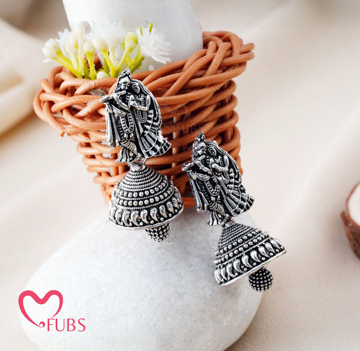 Handcrafted Radha-Krishna Motif Oxidized Jhumkas