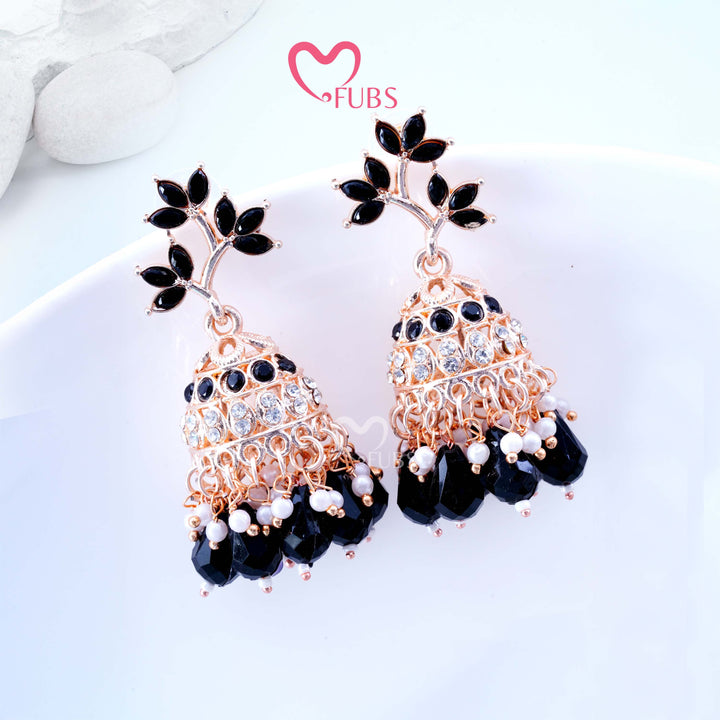 Botanical Motif Jhumkas with Faceted Stone Drops and Pearls