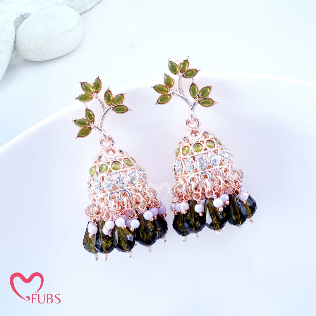 Botanical Motif Jhumkas with Faceted Stone Drops and Pearls