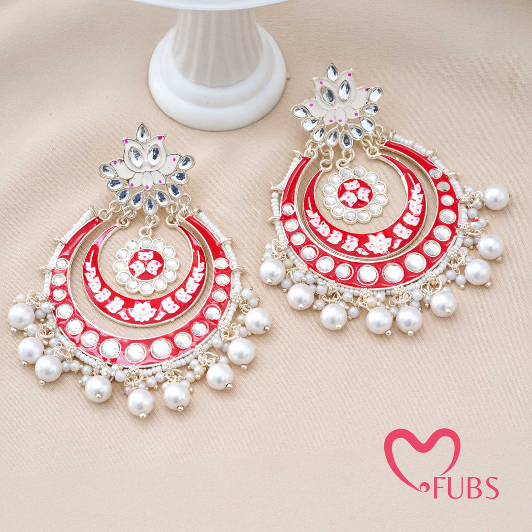 Crescent Earrings with Floral Motifs and Pearl Drops