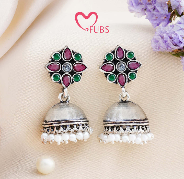Floral Jhumka Earrings with Pearl Accents