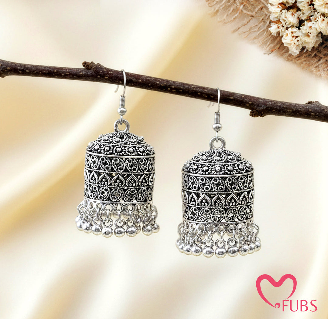 Oxidized Jhumka Earrings with Filigree Detailing