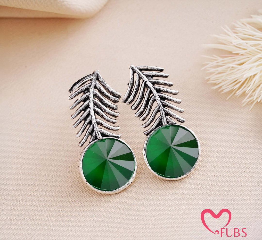 Fern Leaf Earrings with Green Stone