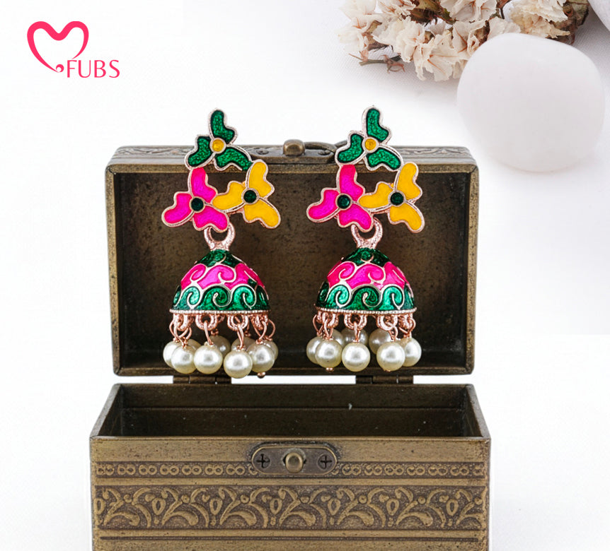 Festive Floral Dome Earrings with Pearl Drops