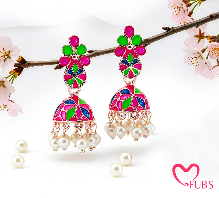Colorful Jhumka Earrings with Floral Enamel & Pearls