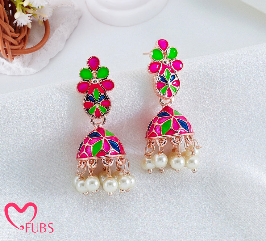Colorful Jhumka Earrings with Floral Enamel & Pearls